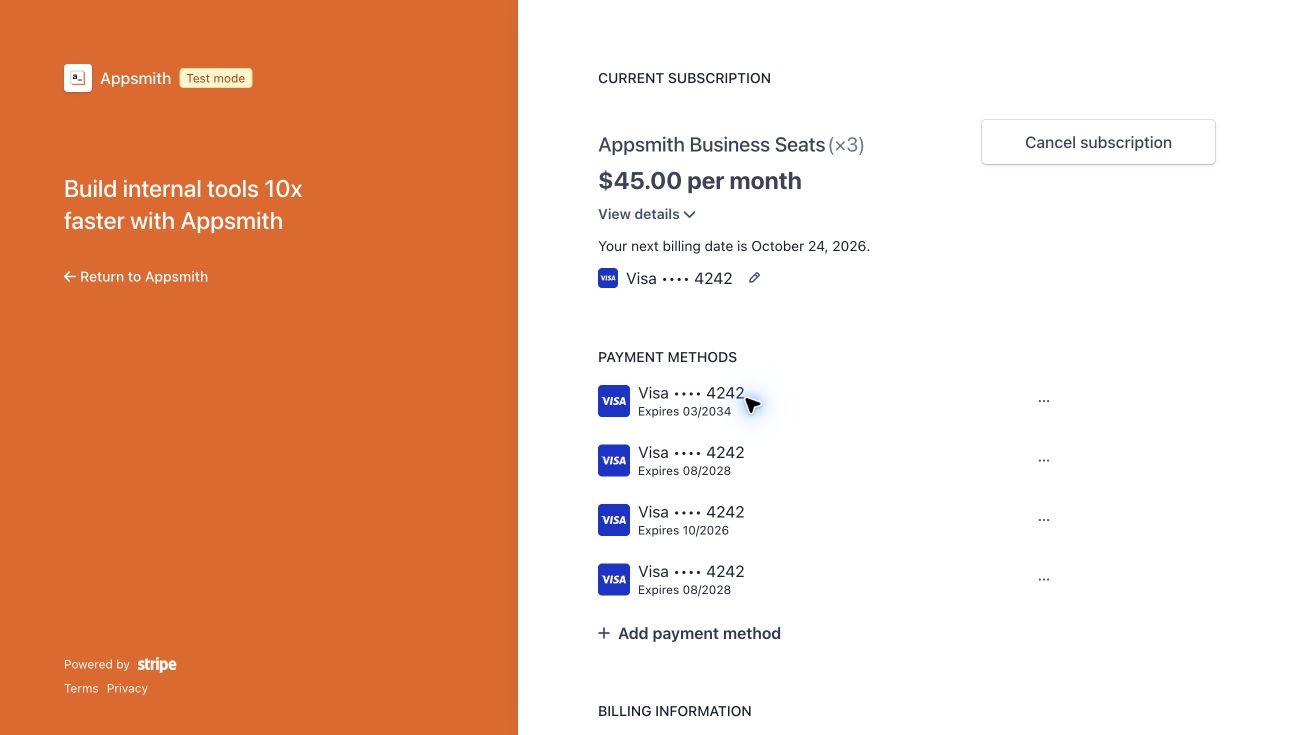 Stripe test portal showing the subscription's current card and its pencil edit icon