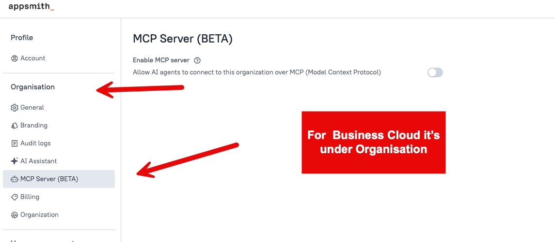 MCP Server beta setting under Organisation in Business Cloud